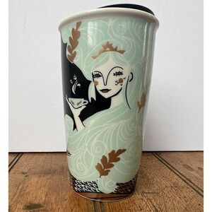 Starbucks Ceramic 12 oz Travel Tumbler Mug Teal Gold Siren Mermaid 2018 Limited